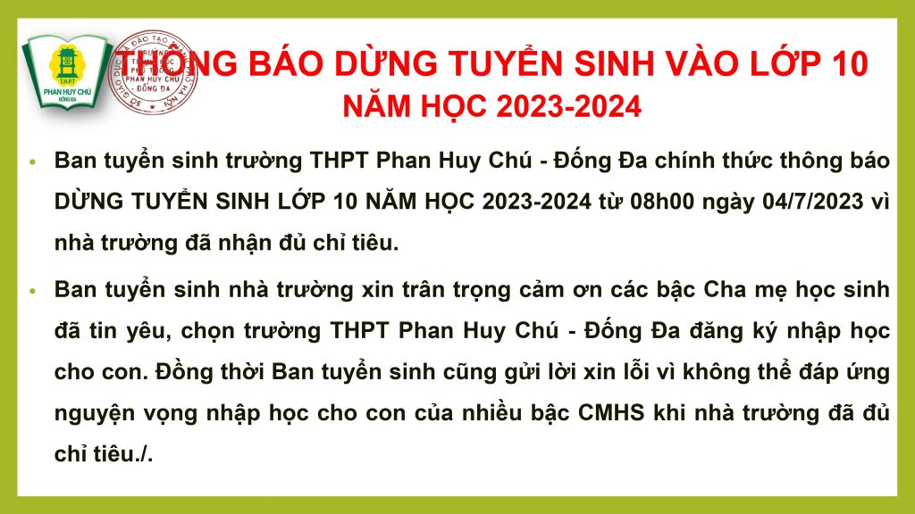 THÔNG BÁO DỪNG TUYỂN SINH VÀO LỚP 10 NĂM HỌC 2023 - 2024