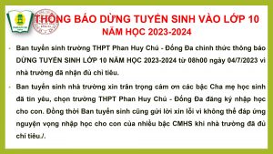 THÔNG BÁO DỪNG TUYỂN SINH VÀO LỚP 10 NĂM HỌC 2023 - 2024