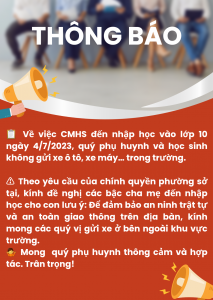 Thông báo về việc CMHS đến nhập học vào lớp 10 ngày 4/7/2023